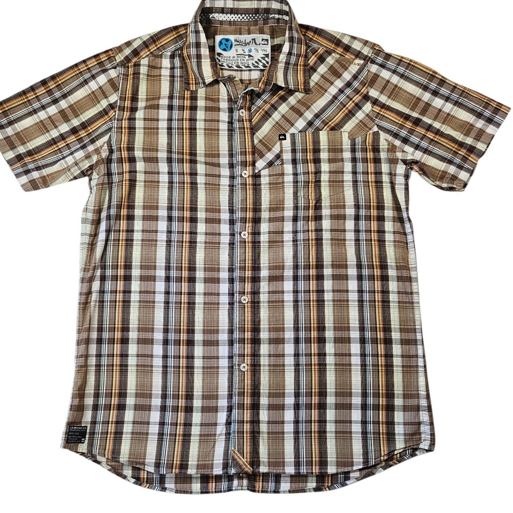 Quiksilver Mens Plaid Short Sleeve Button Up Shirt Brown Size L Y2K surf skater